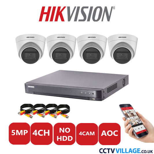 Hikvision 5MP CCTV Kit 4 Channel DVR-iDS-7204HQHI-K1/2S with 4x Turret Cameras DS-2CE78H0T-IT3FS White NO HDD Full Kit