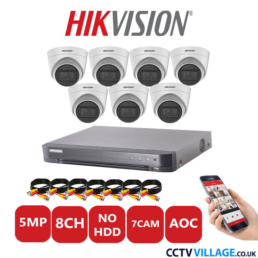 Hikvision 5MP CCTV Kit 8 Channel DVR-iDS-7208HQHI-K1/4S with 7x Turret Cameras DS-2CE78H0T-IT3FS White NO HDD Full Kit