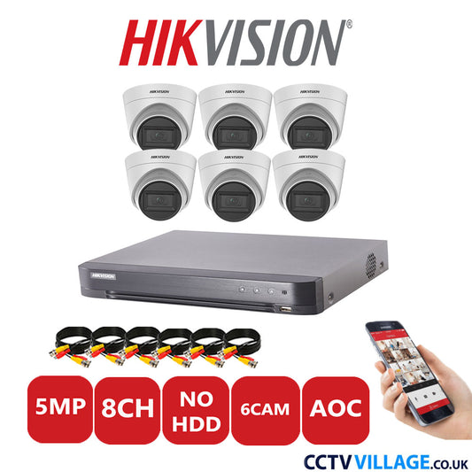 Hikvision 5MP CCTV Kit 8 Channel DVR-iDS-7208HQHI-K1/4S with 6x Turret Cameras DS-2CE78H0T-IT3FS White No HDD Full Kit