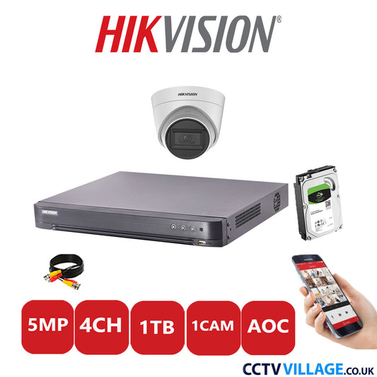 Hikvision 5MP CCTV Kit 4 Channel DVR-iDS-7204HQHI-K1/2S with 1x Turret Camera DS-2CE78H0T-IT3FS White 1TB HDD Full Kit