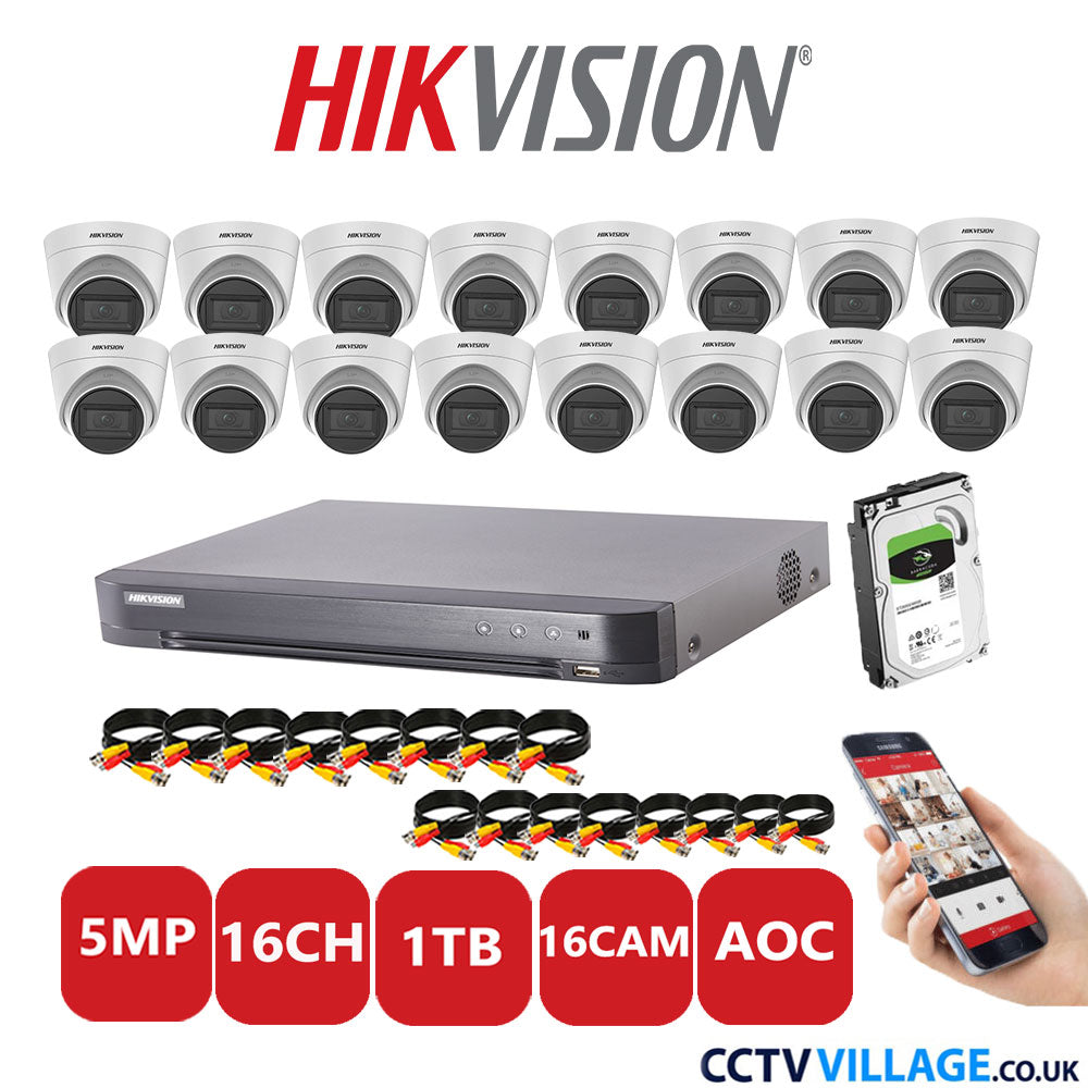 Hikvision 5MP CCTV Kit 16 Channel DVR-iDS-7216HQHI-K1/4S with 16 Turret Cameras DS-2CE78HOT-IT3FS White 1TB HDD Full Kit