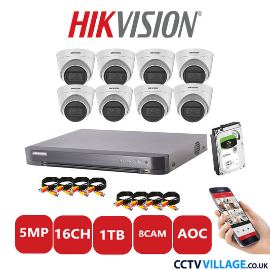 Hikvision 5MP CCTV Kit 16 Channel DVR-iDS-7216HQHI-K1/4S with 8 Turret Cameras DS-2CE78HOT-IT3FS White 1TB HDD Full Kit