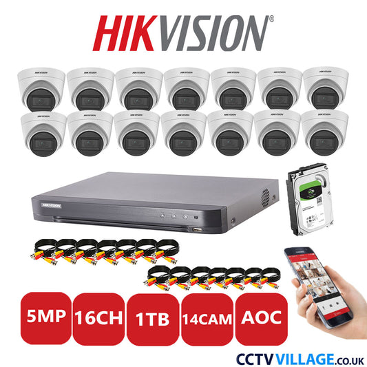 Hikvision 5MP CCTV Kit 16 Channel DVR-iDS-7216HQHI-K1/4S with 14 Turret Cameras DS-2CE78HOT-IT3FS White 1TB HDD Full Kit