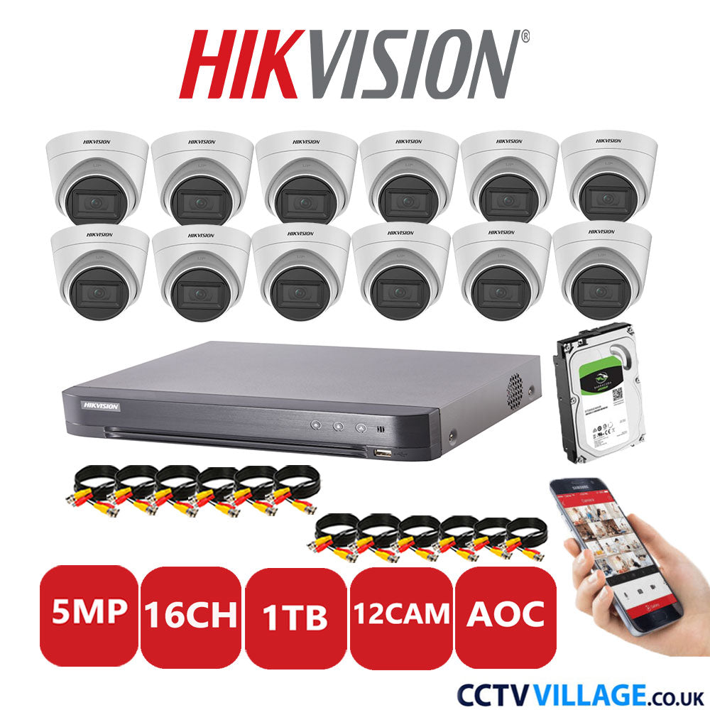 Hikvision 5MP CCTV Kit 16 Channel DVR-iDS-7216HQHI-K1/4S with 12 Turret Cameras DS-2CE78HOT-IT3FS White 1TB HDD Full Kit