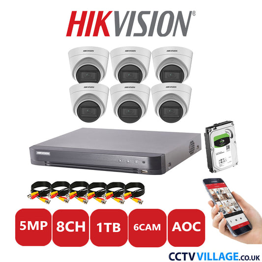 Hikvision 5MP CCTV Kit 8 Channel DVR-iDS-7208HQHI-K1/4S with 6x Turret Cameras DS-2CE78H0T-IT3FS White 1TB HDD Full Kit