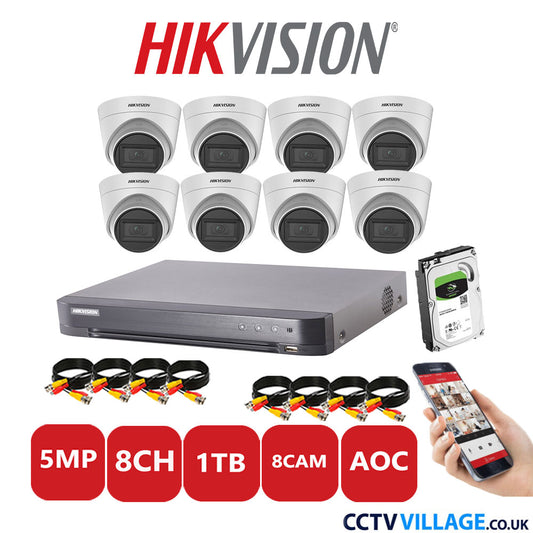 Hikvision 5MP CCTV Kit 8 Channel DVR-iDS-7208HQHI-K1/4S with 8x Turret Cameras DS-2CE78H0T-IT3FS White 1TB HDD Full Kit