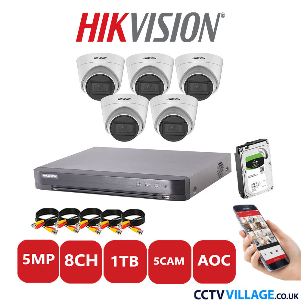 Hikvision 5MP CCTV Kit 8 Channel DVR-iDS-7208HQHI-K1/4S with 5x Turret Cameras DS-2CE78H0T-IT3FS White 1TB HDD Full Kit