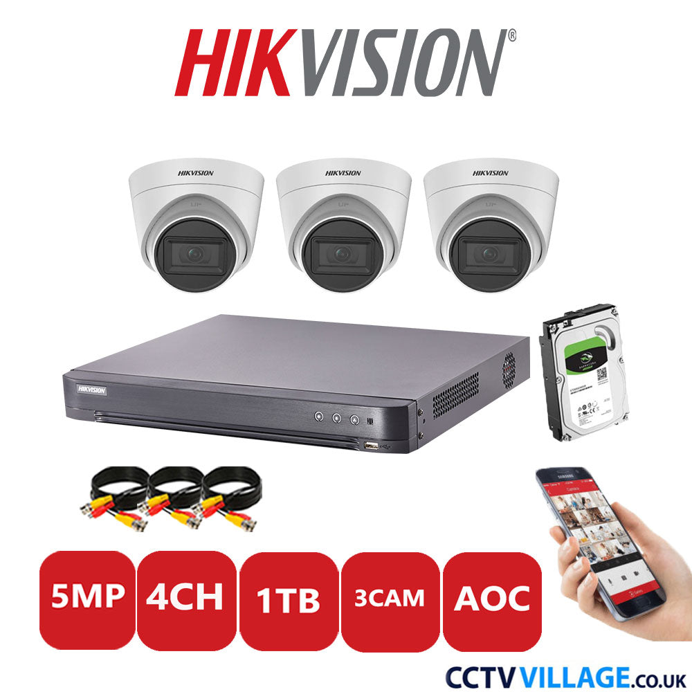 Hikvision 5MP CCTV Kit 4 Channel DVR-iDS-7204HQHI-K1/2S with 3x Turret Cameras DS-2CE78H0T-IT3FS White 1TB HDD Full Kit