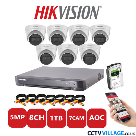 Hikvision 5MP CCTV Kit 8 Channel DVR-iDS-7208HQHI-K1/4S with 7x Turret Cameras DS-2CE78H0T-IT3FS White 1TB HDD Full Kit