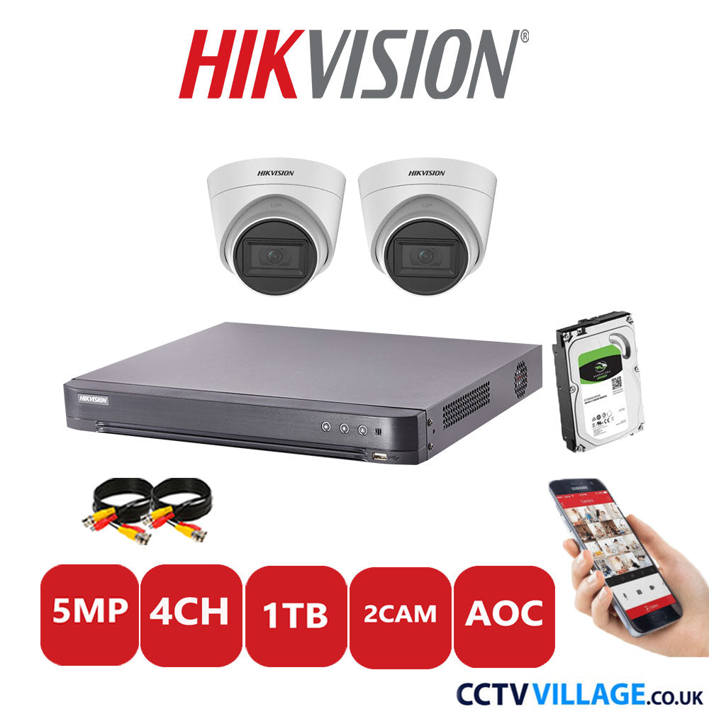 Hikvision 5MP CCTV Kit 4 Channel DVR-iDS-7204HQHI-K1/2S with 2x Turret Cameras DS-2CE78H0T-IT3FS White 1TB HDD Full Kit