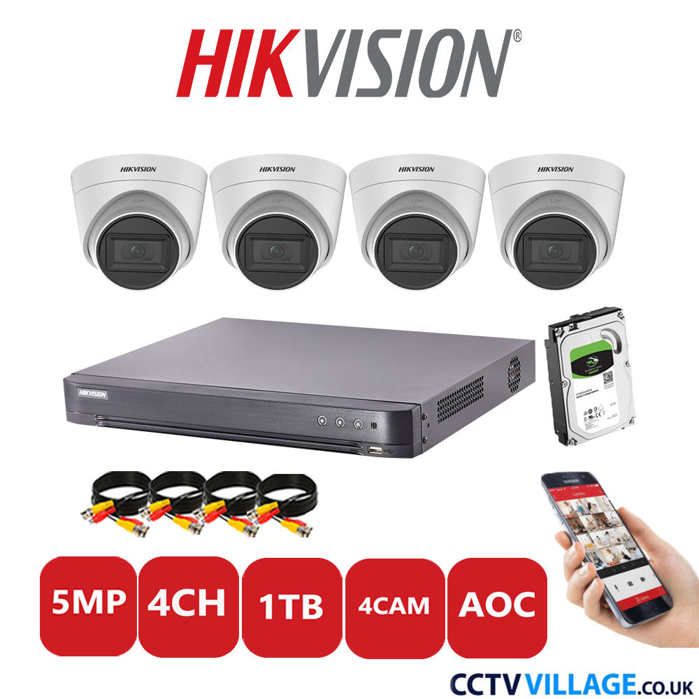 Hikvision 5MP CCTV Kit 4 Channel DVR-iDS-7204HQHI-K1/2S with 4x Turret Cameras DS-2CE78H0T-IT3FS White 1TB HDD Full Kit