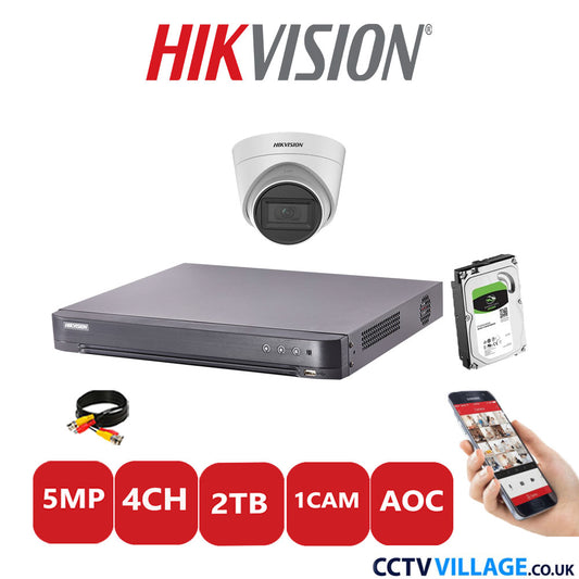 Hikvision 5MP CCTV Kit 4 Channel DVR-iDS-7204HQHI-K1/2S with 1x Turret Camera DS-2CE78H0T-IT3FS White 2TB HDD Full Kit