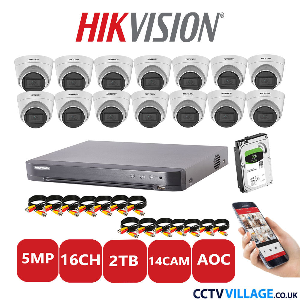 Hikvision 5MP CCTV Kit 16 Channel DVR-iDS-7216HQHI-K1/4S with 14 Turret Cameras DS-2CE78HOT-IT3FS White 2TB HDD Full Kit