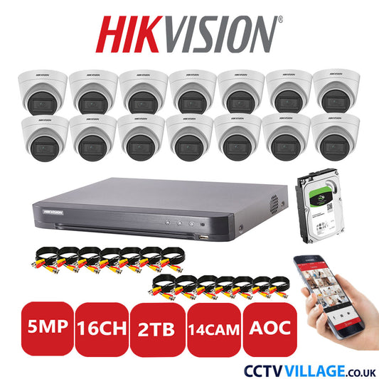 Hikvision 5MP CCTV Kit 16 Channel DVR-iDS-7216HQHI-K1/4S with 14 Turret Cameras DS-2CE78HOT-IT3FS White 2TB HDD Full Kit