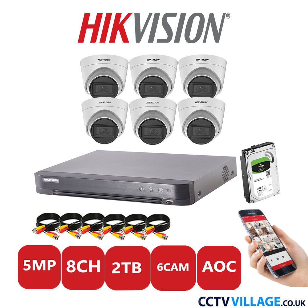 Hikvision 5MP CCTV Kit 8 Channel DVR-iDS-7208HQHI-K1/4S with 6x Turret Cameras DS-2CE78H0T-IT3FS White 2TB HDD Full Kit