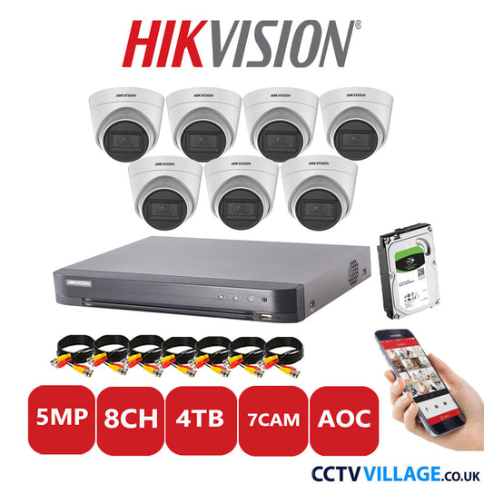 Hikvision 5MP CCTV Kit 8 Channel DVR-iDS-7208HQHI-K1/4S with 7x Turret Cameras DS-2CE78H0T-IT3FS White 4TB HDD Full Kit