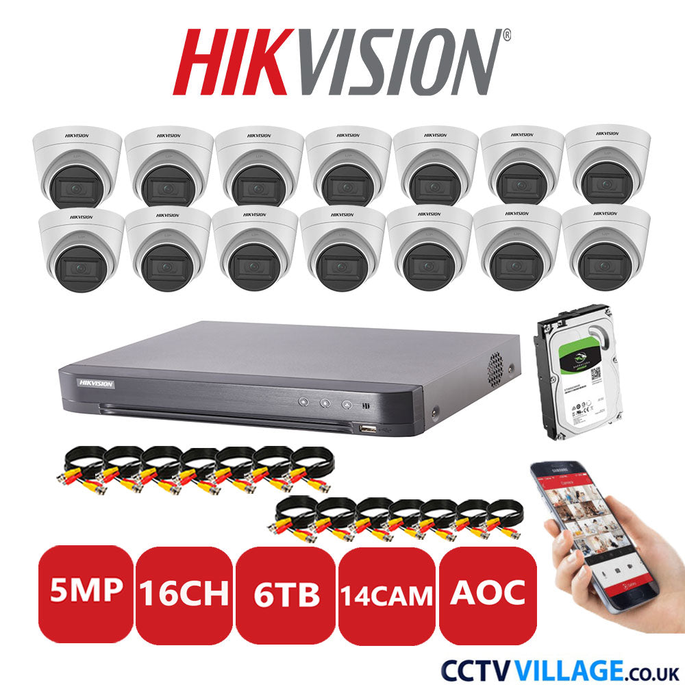 Hikvision 5MP CCTV Kit 16 Channel DVR-iDS-7216HQHI-K1/4S with 14 Turret Cameras DS-2CE78HOT-IT3FS White 6TB HDD Full Kit