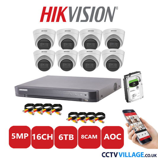 Hikvision 5MP CCTV Kit 16 Channel DVR-iDS-7216HQHI-K1/4S with 8 Turret Cameras DS-2CE78HOT-IT3FS White 6TB HDD Full Kit