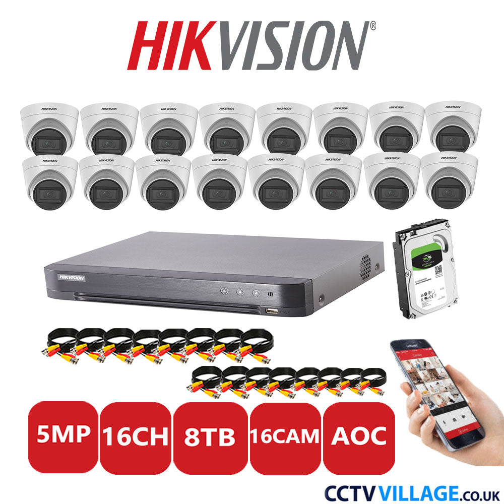 Hikvision 5MP CCTV Kit 16 Channel DVR-iDS-7216HQHI-K1/4S with 16 Turret Cameras DS-2CE78HOT-IT3FS White 8TB HDD Full Kit