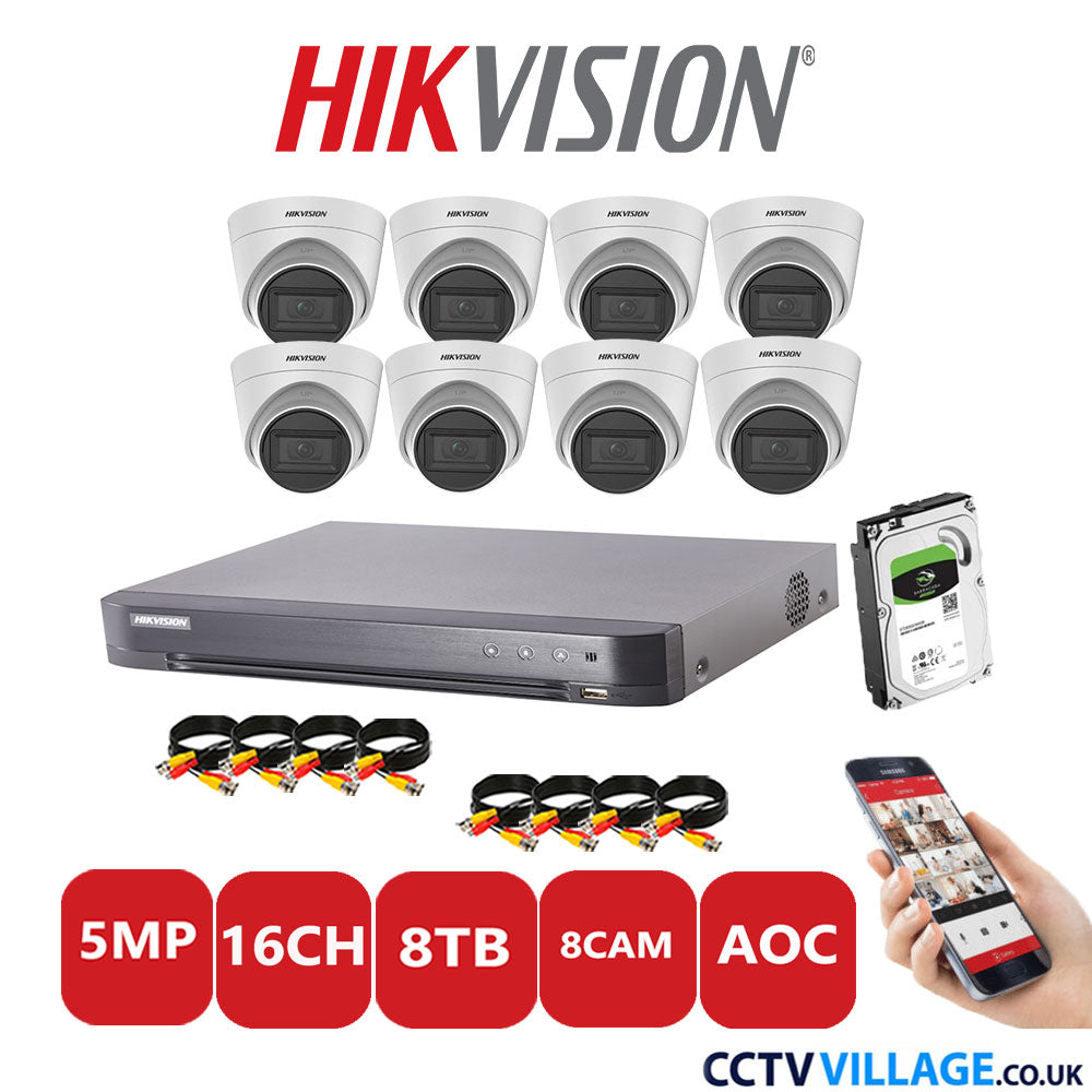 Hikvision 5MP CCTV Kit 16 Channel DVR-iDS-7216HQHI-K1/4S with 8 Turret Cameras DS-2CE78HOT-IT3FS White 8TB HDD Full Kit