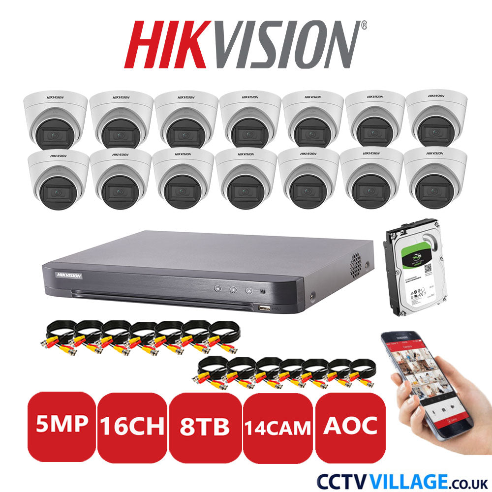 Hikvision 5MP CCTV Kit 16 Channel DVR-iDS-7216HQHI-K1/4S with 14 Turret Cameras DS-2CE78HOT-IT3FS White 8TB HDD Full Kit