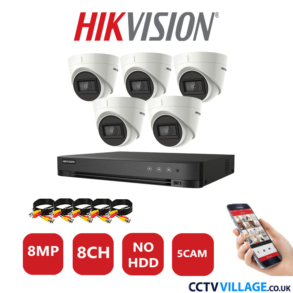 Hikvision 8MP CCTV System 8 Channel DVR-iDS-7208HUHI-M1/S with 5x Turret Cameras DS-2CE78U1T-IT3F White No HDD Full Kit