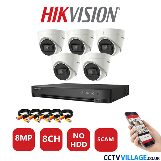 Hikvision 8MP CCTV Kit 8 Channel DVR-iDS-7208HUHI-M1/S with 5x Turret Cameras DS-2CE78U1T-IT3F White No HDD Full Kit