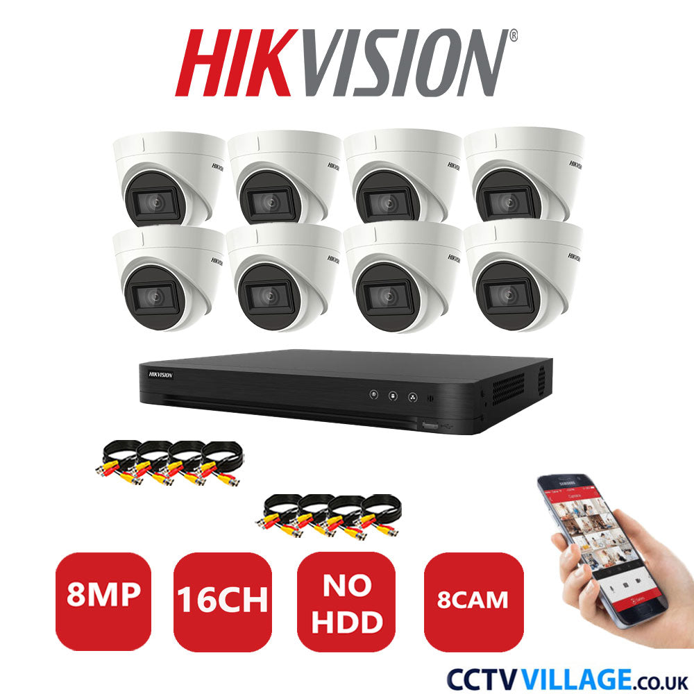 Hikvision 8MP CCTV Kit 16 Channel DVR-iDS-7216HUHI-M2/S with 8X Turret Cameras DS-2CEE78U1T-IT3F White No HDD Full Kit