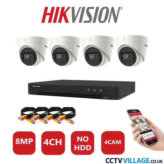 Hikvision 8MP CCTV Kit 4 Channel DVR-iDS-7204HUHI-M1/S with 4x Turret Cameras DS-2CE78U1T-IT3F White NO HDD Full Kit