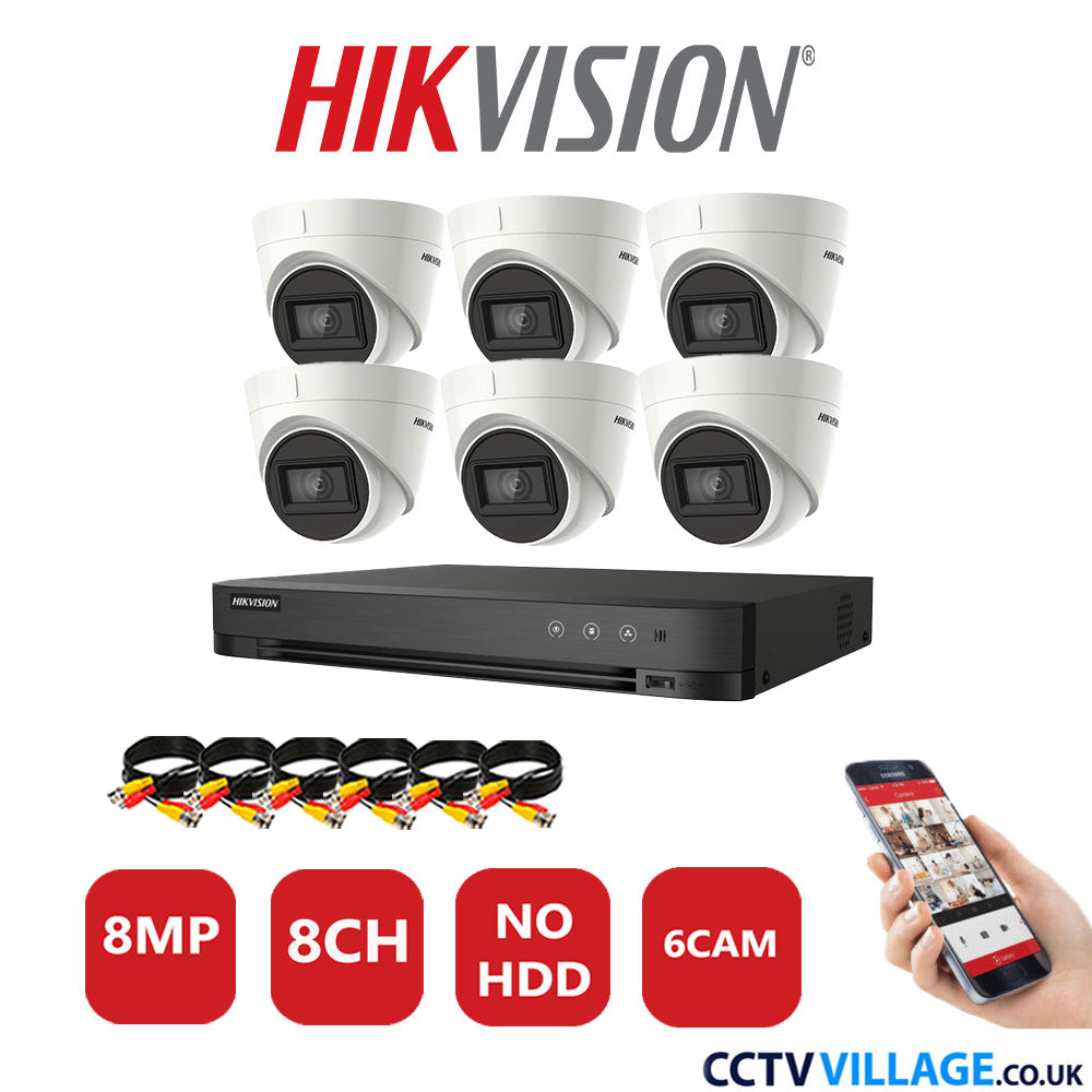 Hikvision 8MP CCTV System 8 Channel DVR-iDS-7208HUHI-M1/S with 6x Turret Cameras DS-2CE78U1T-IT3F White No HDD Full Kit