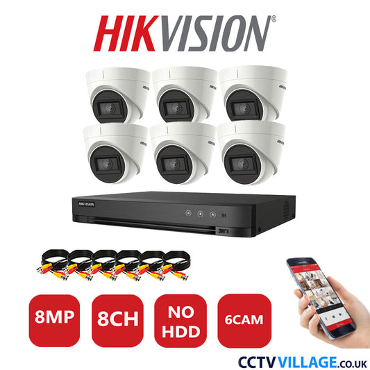 Hikvision 8MP CCTV Kit 8 Channel DVR-iDS-7208HUHI-M1/S with 6x Turret Cameras DS-2CE78U1T-IT3F White No HDD Full Kit