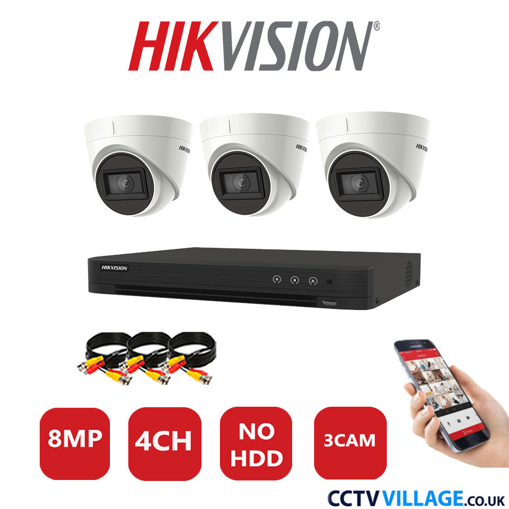 Hikvision 8MP CCTV System 4 Channel DVR-iDS-7204HUHI-M1/S with 3x Turret Cameras DS-2CE78U1T-IT3F White NO HDD Full Kit