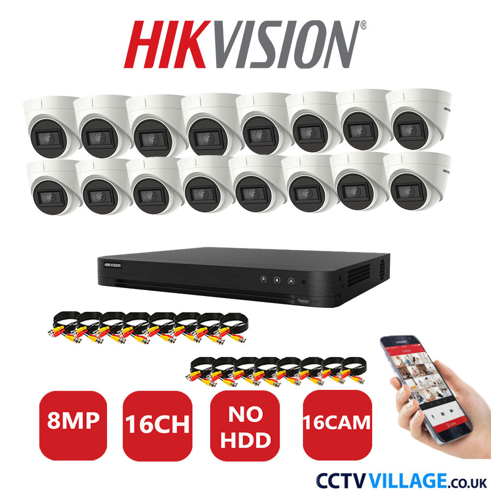 Hikvision 8MP CCTV System 16 Channel DVR-iDS-7216HUHI-M2/S with 16X Turret Cameras DS-2CEE78U1T-IT3F White No HDD Full Kit