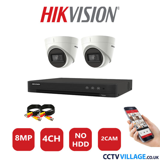 Hikvision 8MP CCTV Kit 4 Channel DVR-iDS-7204HUHI-M1/S with 2x Turret Cameras DS-2CE78U1T-IT3F White No HDD Full Kit