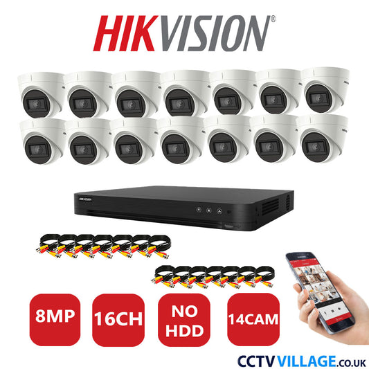 Hikvision 8MP CCTV System 16 Channel DVR-iDS-7216HUHI-M2/S with 14X Turret Cameras DS-2CEE78U1T-IT3F White No HDD Full Kit