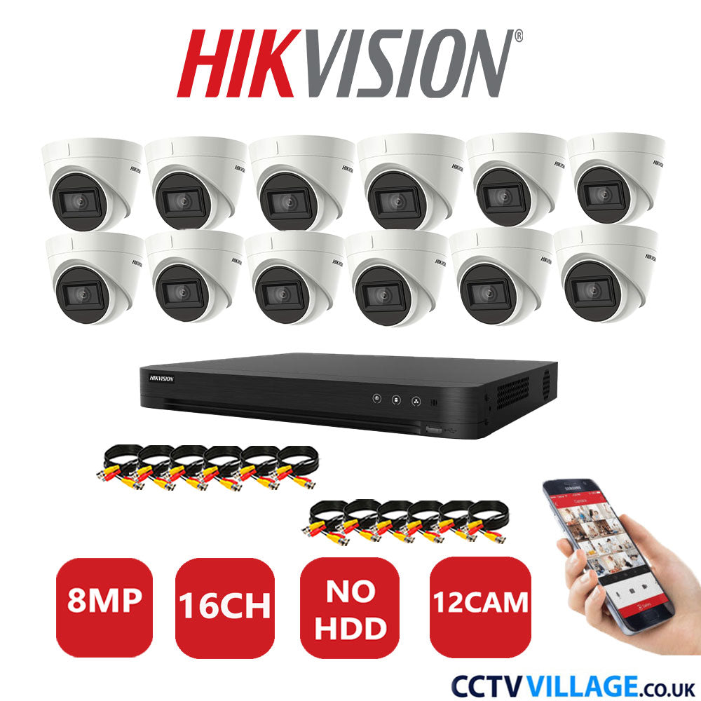 Hikvision 8MP CCTV System 16 Channel DVR-iDS-7216HUHI-M2/S with 12X Turret Cameras DS-2CEE78U1T-IT3F White No HDD Full Kit