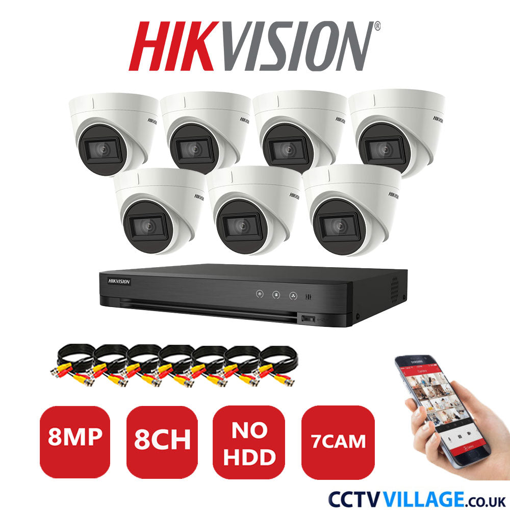 Hikvision 8MP CCTV System 8 Channel DVR-iDS-7208HUHI-M1/S with 7x Turret Cameras DS-2CE78U1T-IT3F White No HDD Full Kit