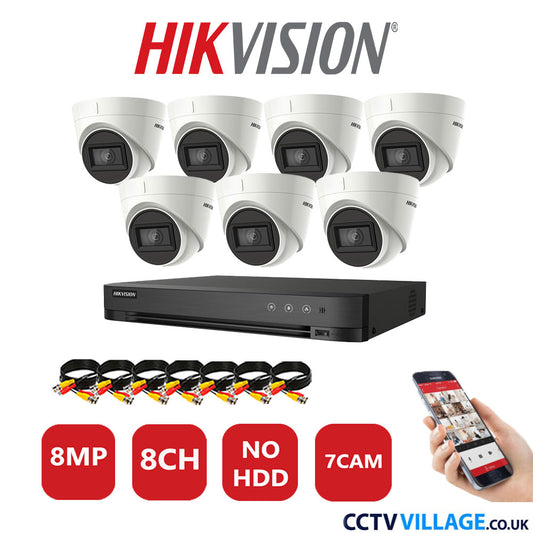 Hikvision 8MP CCTV Kit 8 Channel DVR-iDS-7208HUHI-M1/S with 7x Turret Cameras DS-2CE78U1T-IT3F White No HDD Full Kit