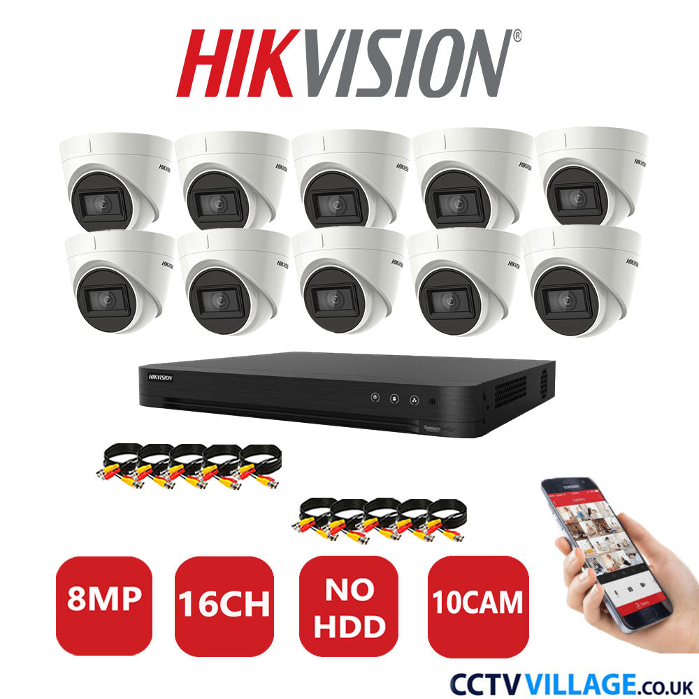 Hikvision 8MP CCTV Kit 16 Channel DVR-iDS-7216HUHI-M2/S with 10X Turret Cameras DS-2CEE78U1T-IT3F White No HDD Full Kit