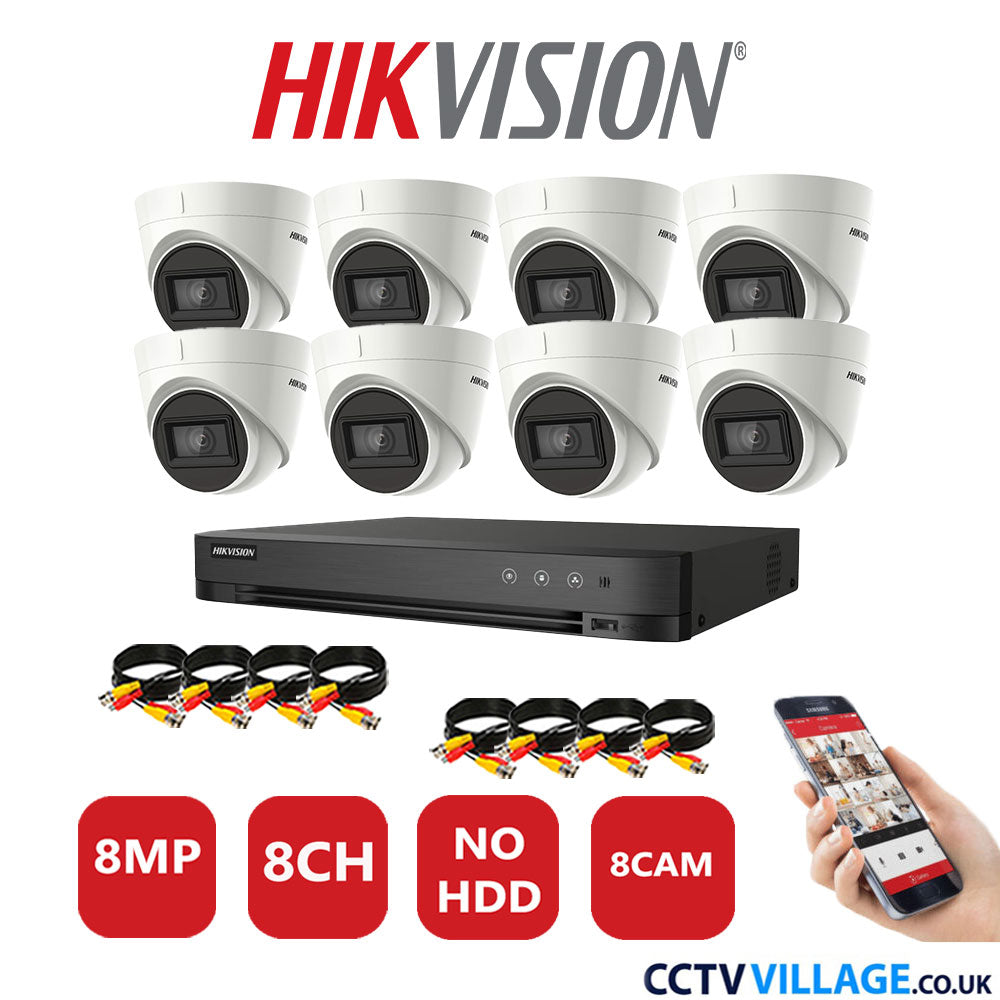 Hikvision 8MP CCTV System 8 Channel DVR-iDS-7208HUHI-M1/S with 8x Turret Cameras DS-2CE78U1T-IT3F White No HDD Full Kit