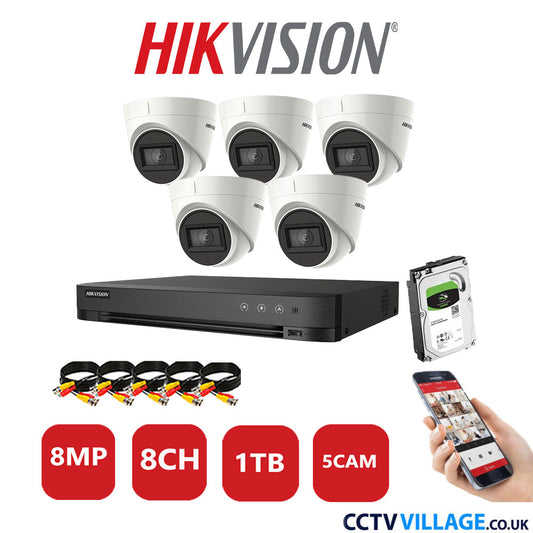 Hikvision 8MP CCTV Kit 8 Channel DVR-iDS-7208HUHI-M1/S with 5x Turret Cameras DS-2CE78U1T-IT3F White 1TB HDD Full Kit