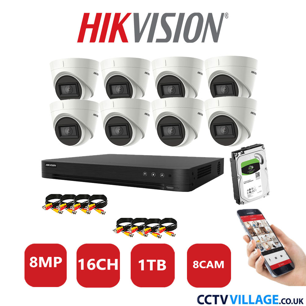 Hikvision 8MP CCTV Kit 16 Channel DVR-iDS-7216HUHI-M2/S with 8X Turret Cameras DS-2CEE78U1T-IT3F White 1TB HDD Full Kit