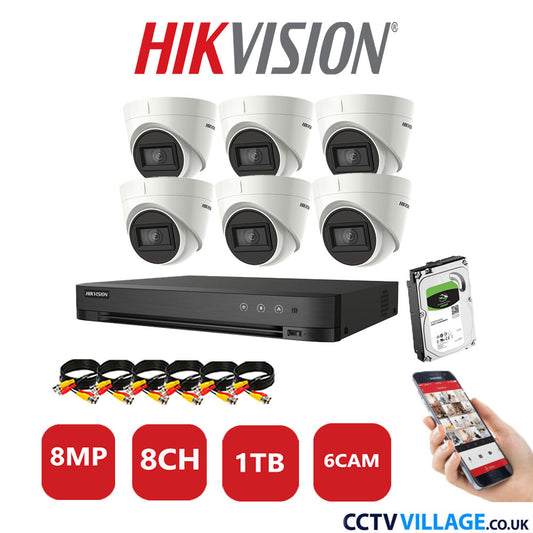 Hikvision 8MP CCTV Kit 8 Channel DVR-iDS-7208HUHI-M1/S with 6x Turret Cameras DS-2CE78U1T-IT3F White 1TB HDD Full Kit