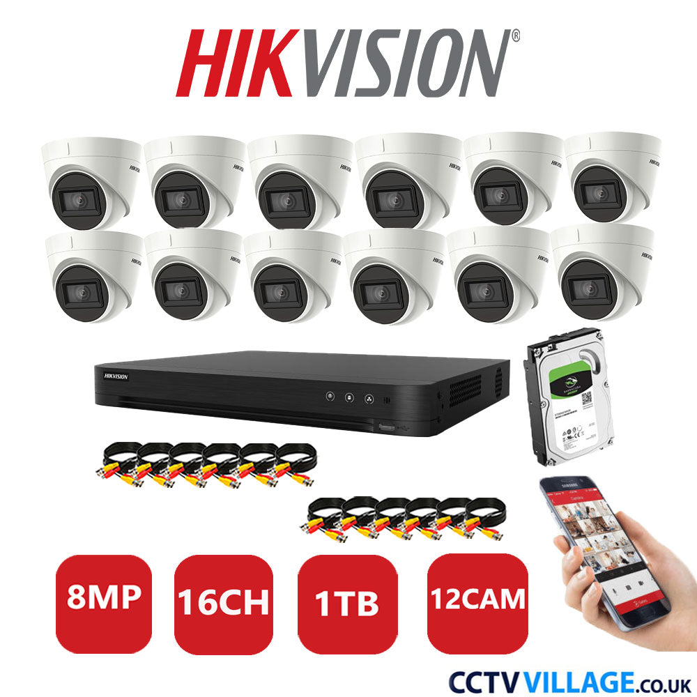 Hikvision 8MP CCTV System 16 Channel DVR-iDS-7216HUHI-M2/S with 12X Turret Cameras DS-2CEE78U1T-IT3F White 1TB HDD Full Kit