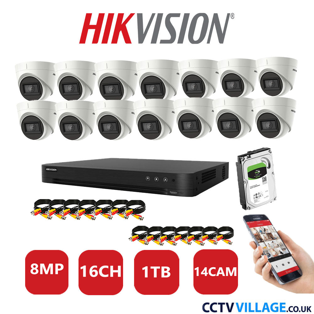 Hikvision 8MP CCTV System 16 Channel DVR-iDS-7216HUHI-M2/S with 14X Turret Cameras DS-2CEE78U1T-IT3F White 1TB HDD Full Kit