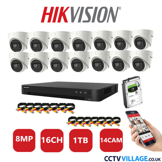 Hikvision 8MP CCTV Kit 16 Channel DVR-iDS-7216HUHI-M2/S with 14X Turret Cameras DS-2CEE78U1T-IT3F White 1TB HDD Full Kit