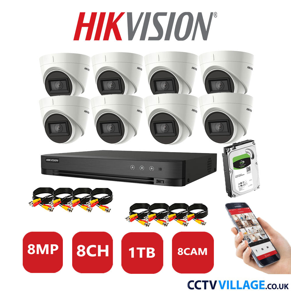 Hikvision 8MP CCTV System 8 Channel DVR-iDS-7208HUHI-M1/S with 8x Turret Cameras DS-2CE78U1T-IT3F White 1TB HDD Full Kit