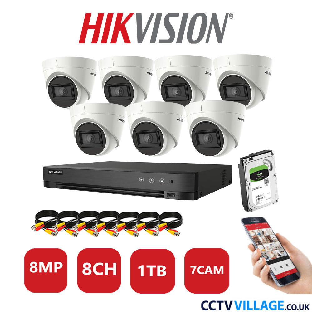 Hikvision 8MP CCTV System 8 Channel DVR-iDS-7208HUHI-M1/S with 7x Turret Cameras DS-2CE78U1T-IT3F White 1TB HDD Full Kit