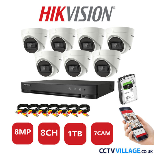 Hikvision 8MP CCTV Kit 8 Channel DVR-iDS-7208HUHI-M1/S with 7x Turret Cameras DS-2CE78U1T-IT3F White 1TB HDD Full Kit