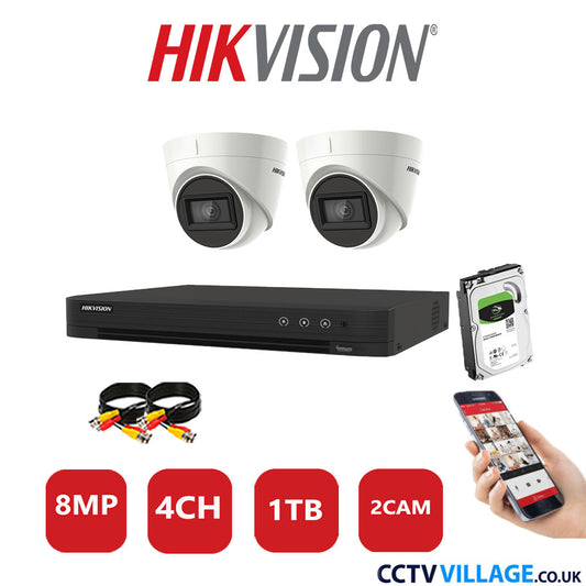 Hikvision 8MP CCTV Kit 4 Channel DVR-iDS-7204HUHI-M1/S with 2x Turret Cameras DS-2CE78U1T-IT3F White 1TB HDD Full Kit